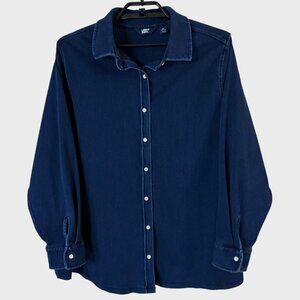 Lands' End Dark Wash Denim Button-Up Shirt Blue Women's 2X Stretch Long-Sleeve